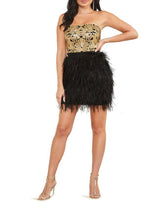 Guess by Marciano Bronwyn Corset feather strim strapless mini dress in black and gold